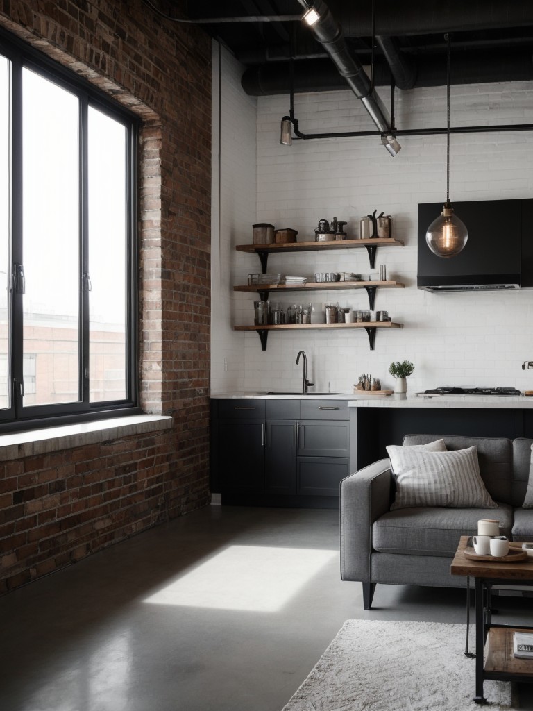 A contemporary black and white apartment with industrial-inspired lighting, exposed brick walls, and a mix of textured materials.