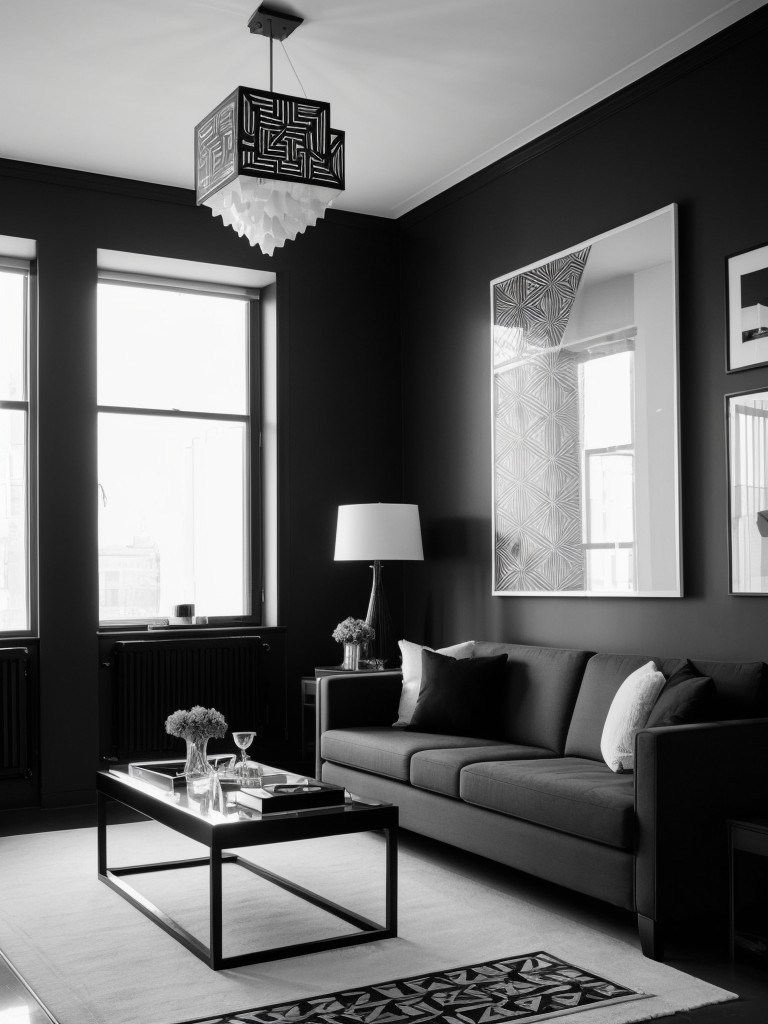 A high-contrast black and white apartment with dramatic geometric patterns, statement lighting, and high-impact artwork.