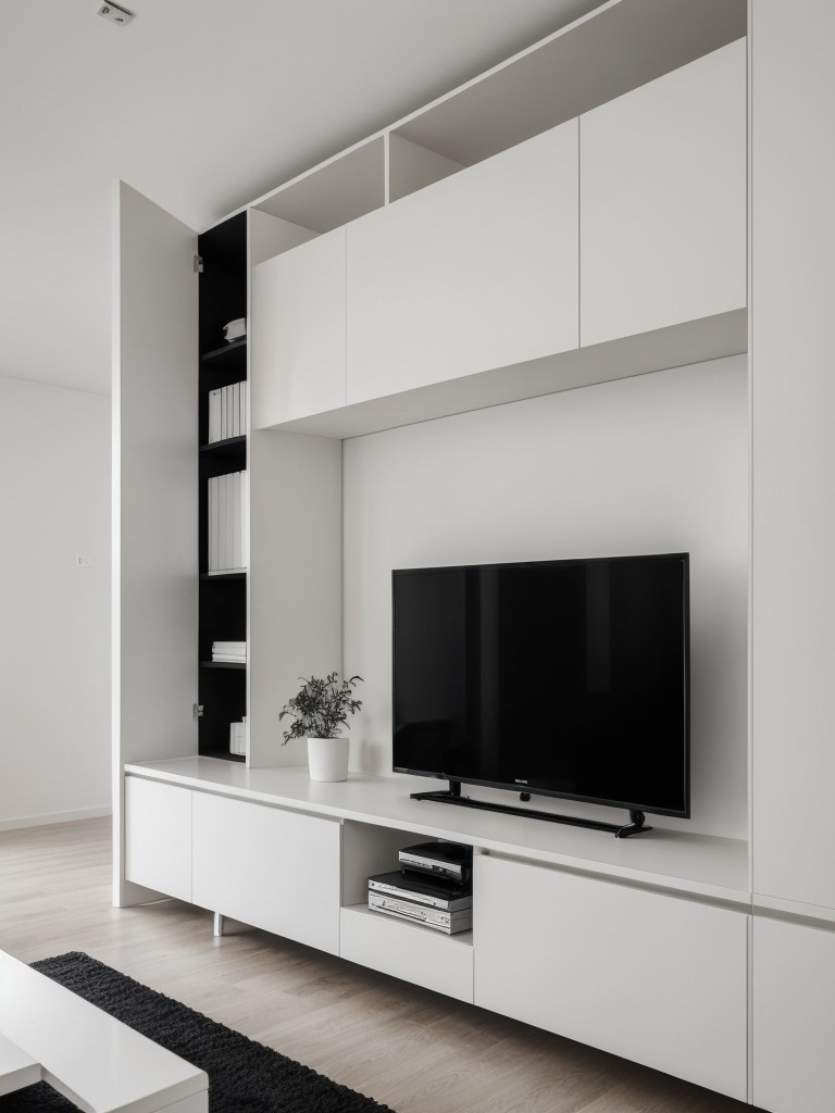 A minimalist black and white apartment with clean lines, built-in storage solutions, and a focus on functionality and simplicity.