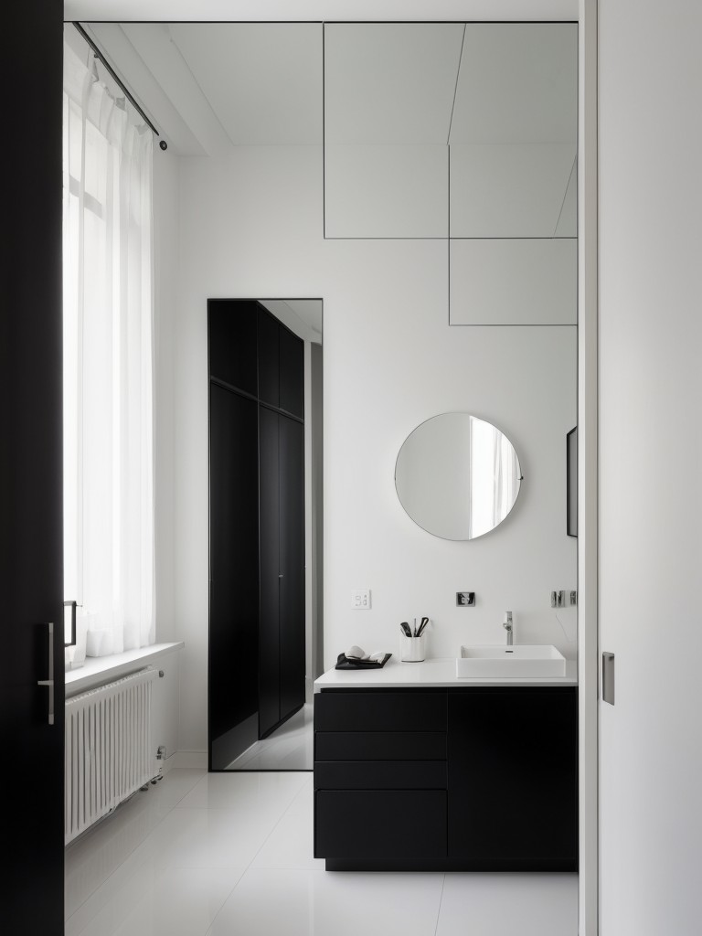 A minimalistic black and white apartment with floor-to-ceiling mirrors, reflective surfaces, and a focus on maximizing light and space.