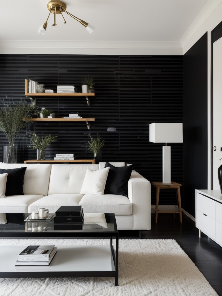 A modern black and white apartment with a bold graphic wallpaper, streamlined furniture, and pops of color for contrast.