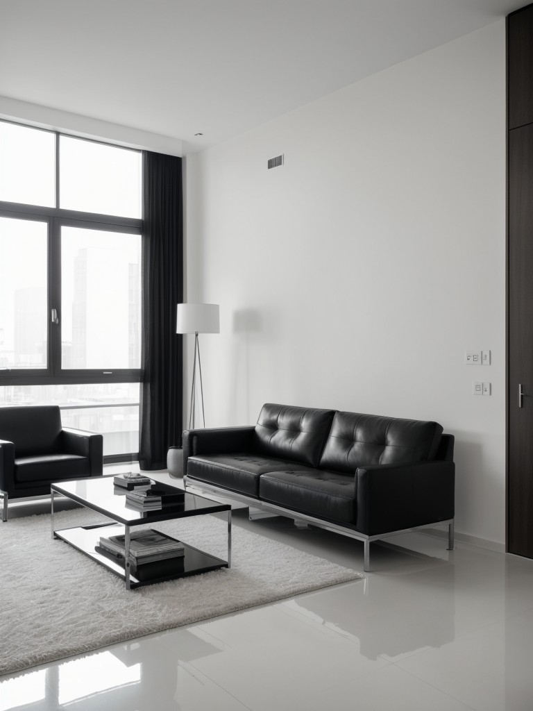 A monochromatic black and white apartment with floor-to-ceiling windows, sleek leather furniture, and a minimalist color palette.