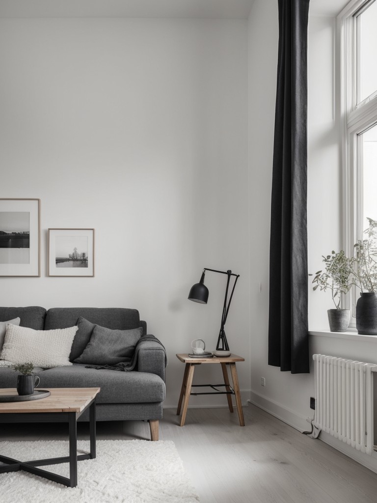 A Scandinavian-inspired black and white apartment with natural wood elements, cozy textiles, and minimalist furnishings.