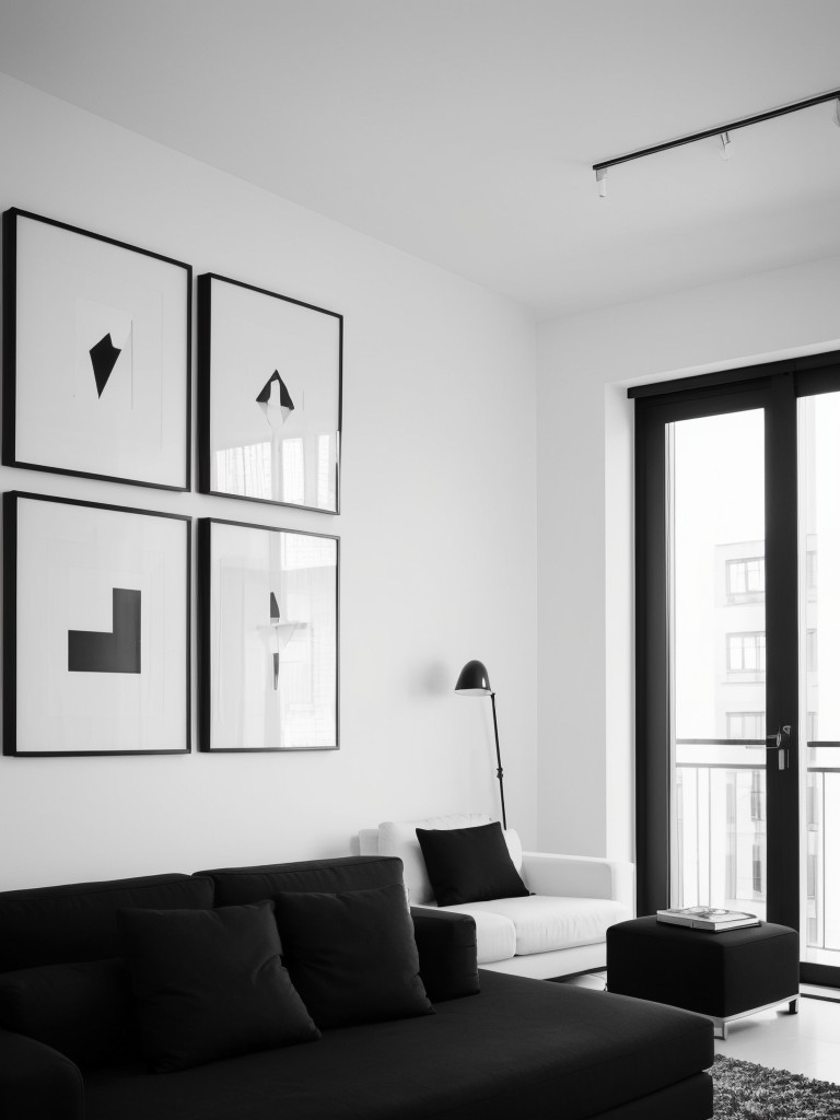 A sleek and sophisticated black and white apartment with minimalist decor, monochromatic furniture, and statement artwork.