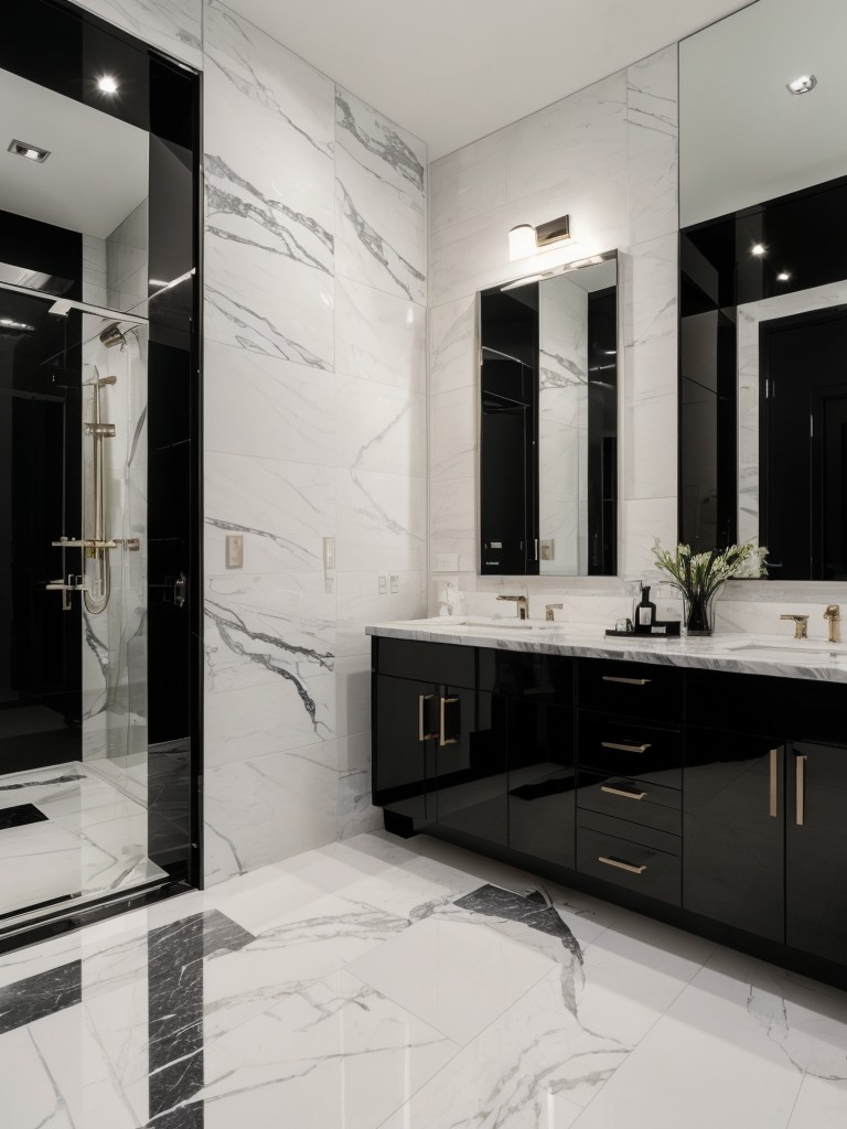 An elegant black and white apartment with marble accents, high-gloss finishes, and metallic details for a touch of glamour.