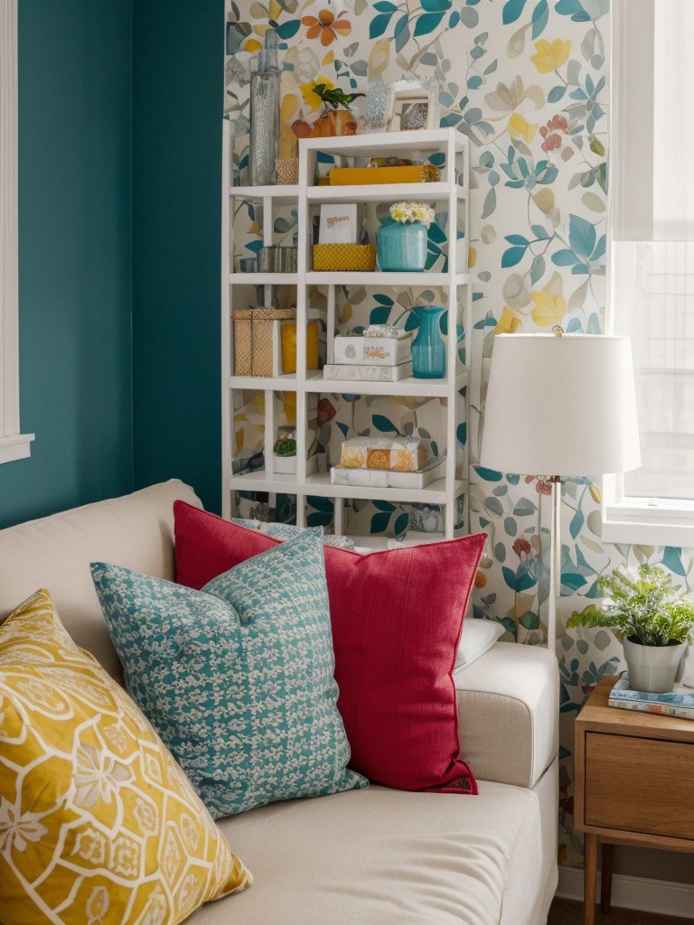 Adding pops of color and pattern through removable wallpaper, decorative cushions, and statement accessories to liven up a small studio apartment.