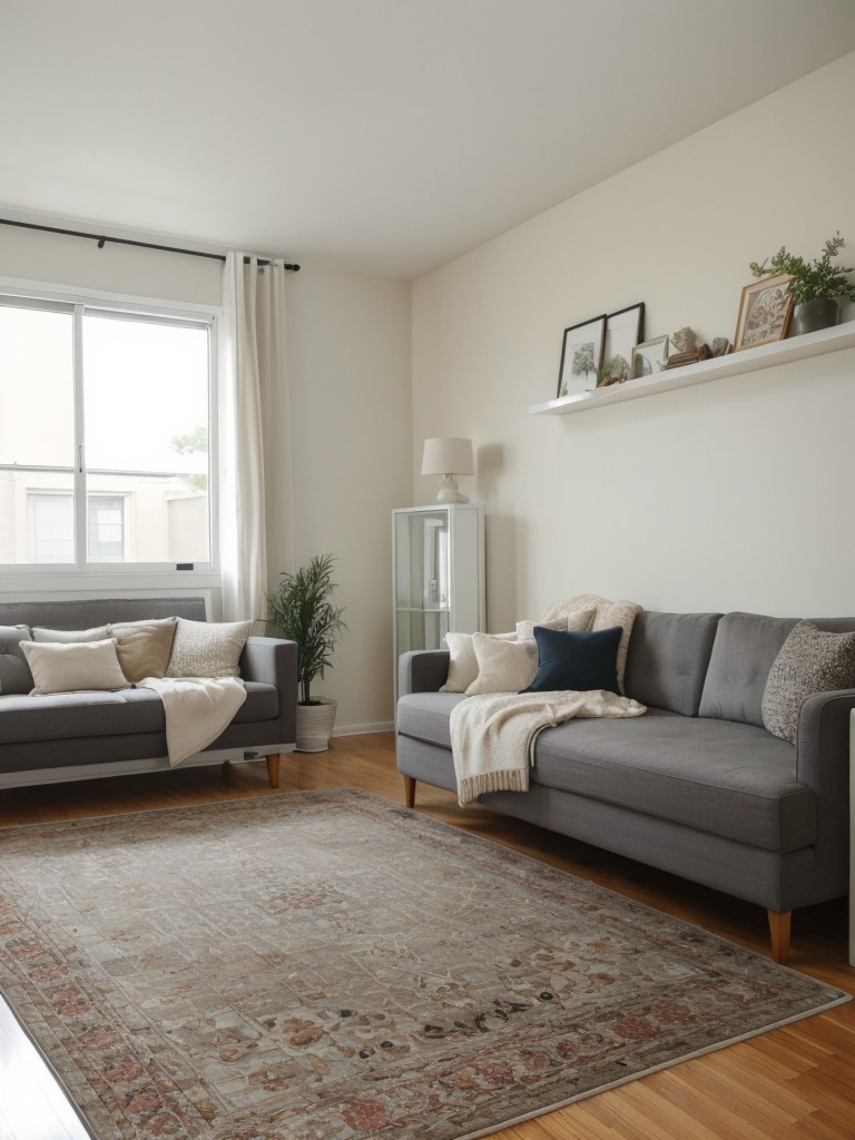 Creating the illusion of separate areas in a small studio apartment by using rugs and furniture placement to delineate different zones for eating, sleeping, and relaxing.