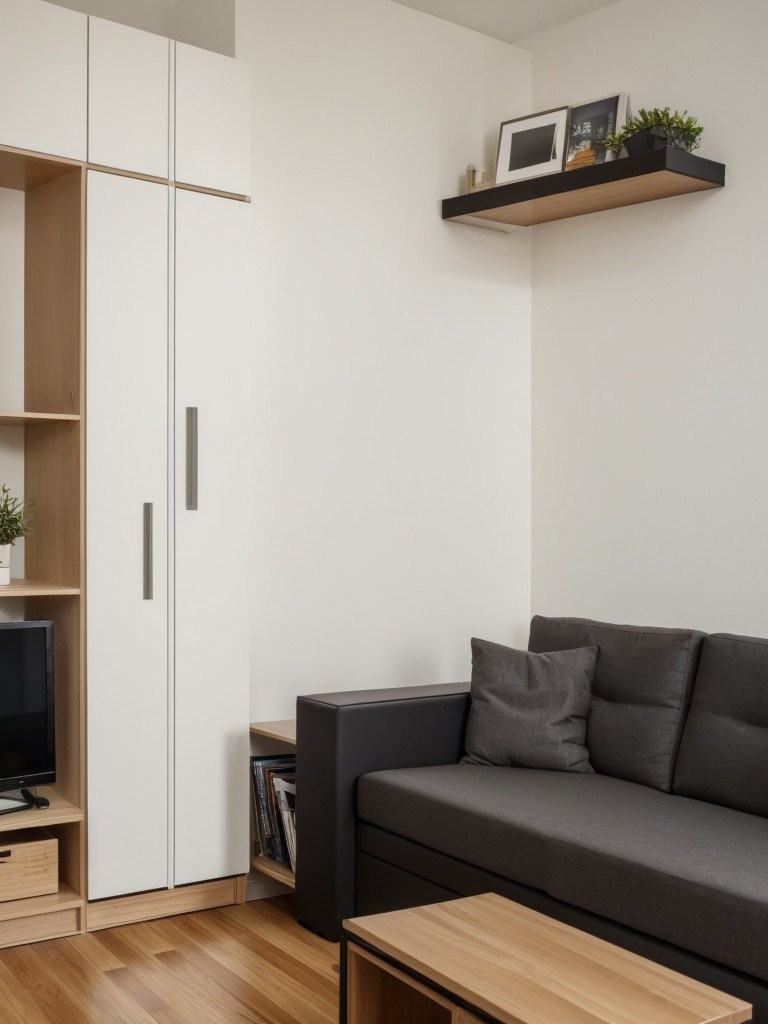 Creative space-saving solutions for a small studio apartment, such as multifunctional furniture and wall-mounted storage.