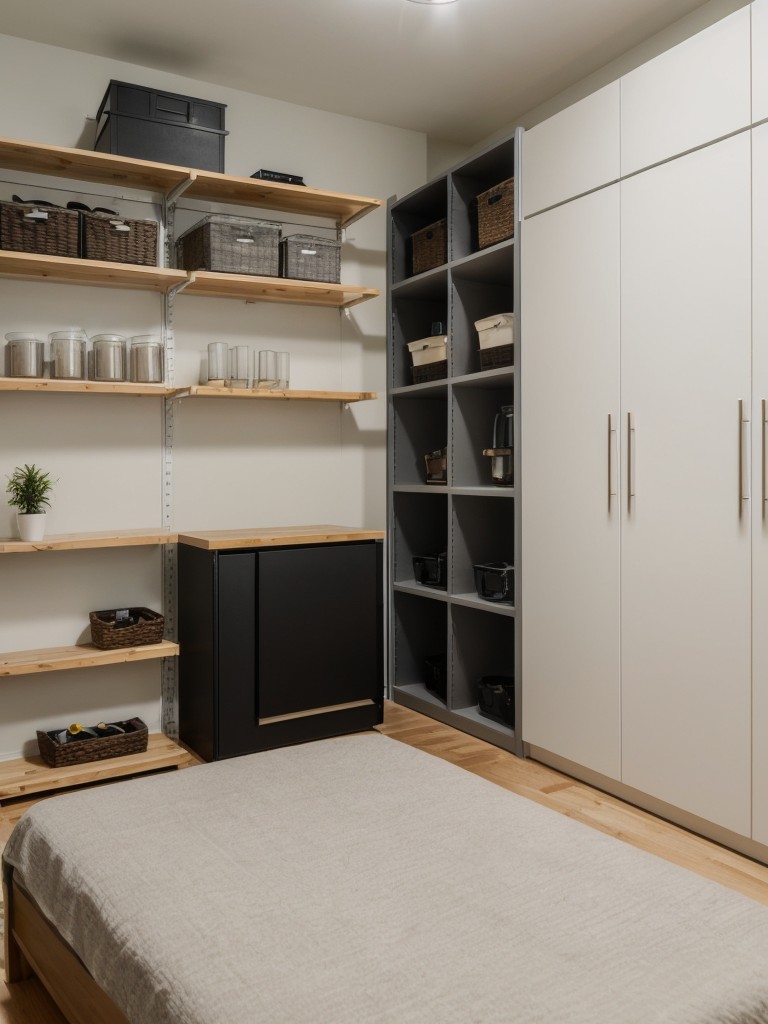 Customizing a small studio apartment with personalized storage units and shelving systems to fit specific needs and optimize organization.