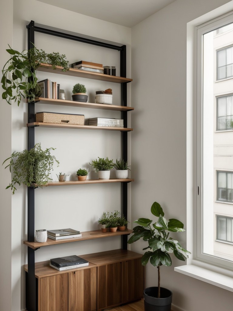 Efficient use of vertical space in a small studio apartment, with wall shelves, floating storage, and hanging plants to maximize storage and decor opportunities.