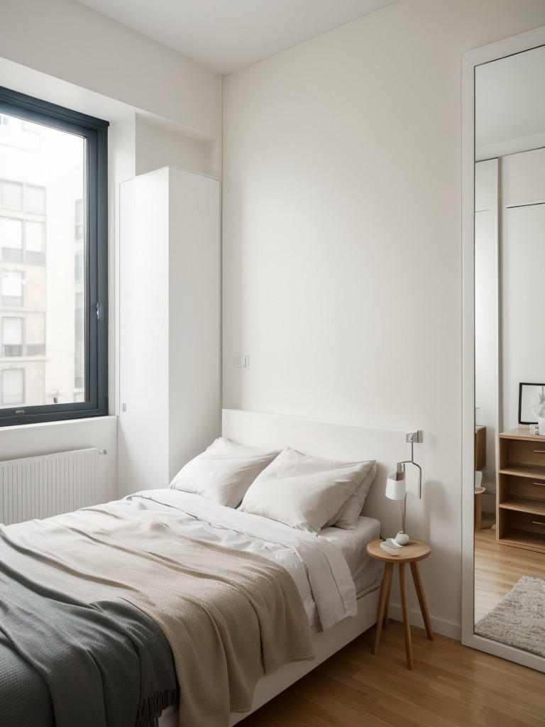 Enhancing the sense of depth and space in a small studio apartment with strategically placed mirrors, light-colored walls, and minimal clutter.