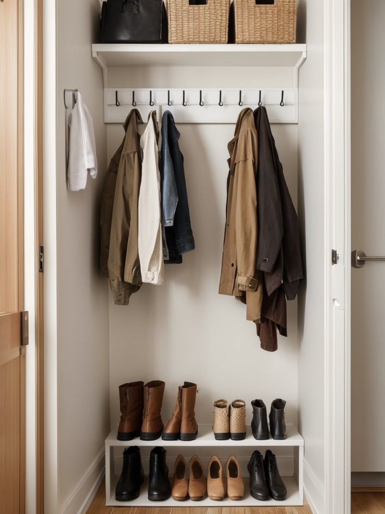 Ensuring proper organization in a small studio apartment by implementing a designated entryway area with hooks, wall-mounted storage, and a stylish shoe rack.