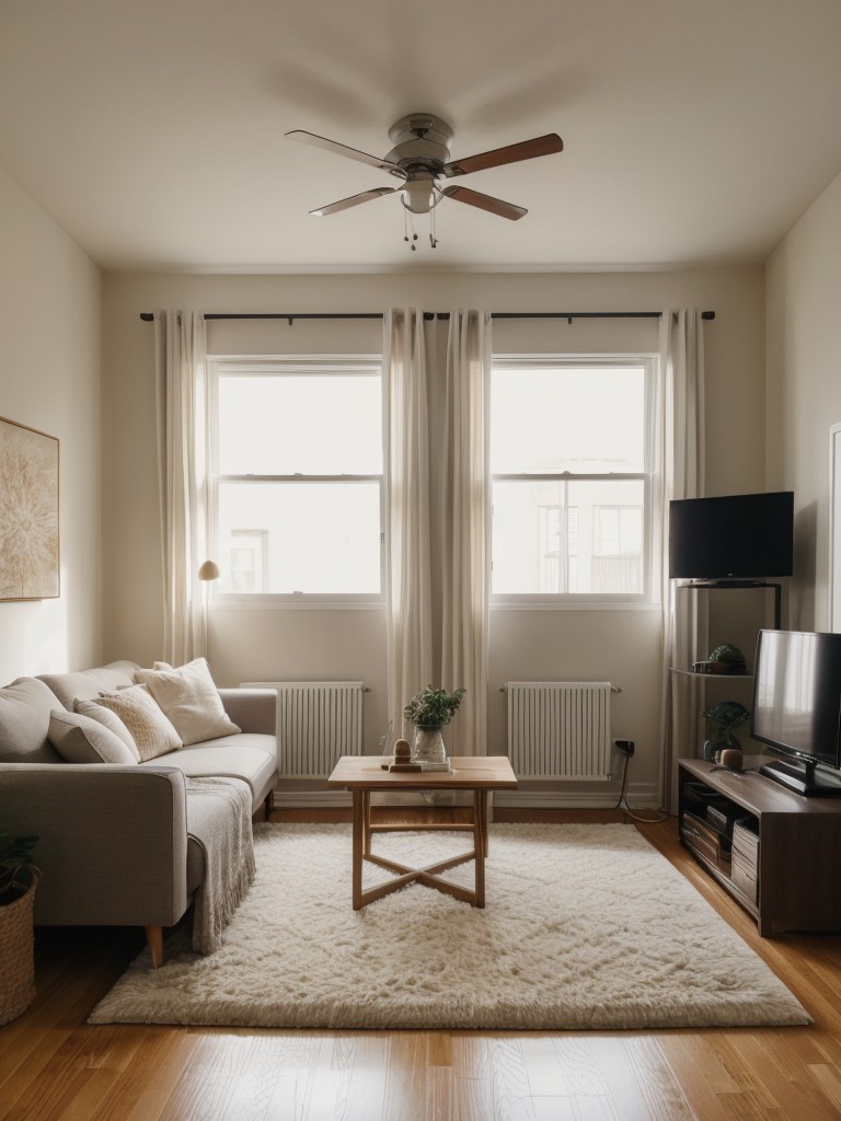 Making a small studio apartment feel more inviting and cozy with warm lighting, soft textures, and plush rugs.