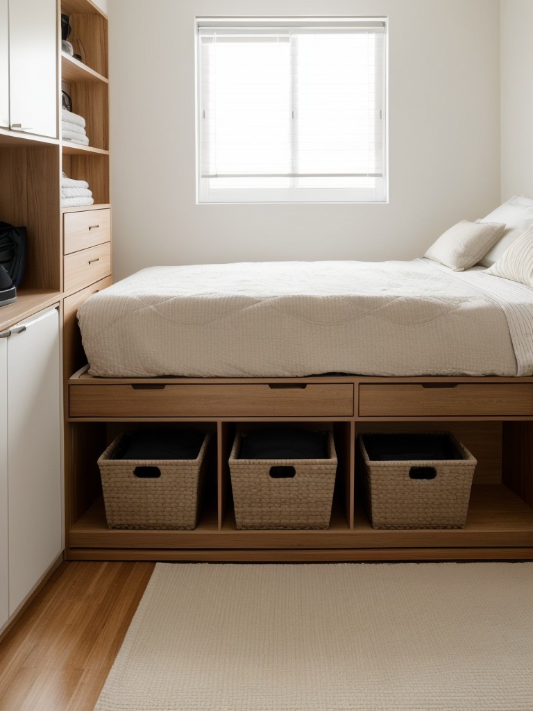 Maximizing storage options in a small studio apartment with under-bed storage, ottomans with hidden compartments, and attractive storage baskets.