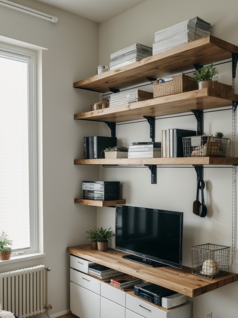 Utilizing open shelving and wall-mounted hooks to display and organize belongings in a small studio apartment, minimizing the need for bulky furniture pieces.