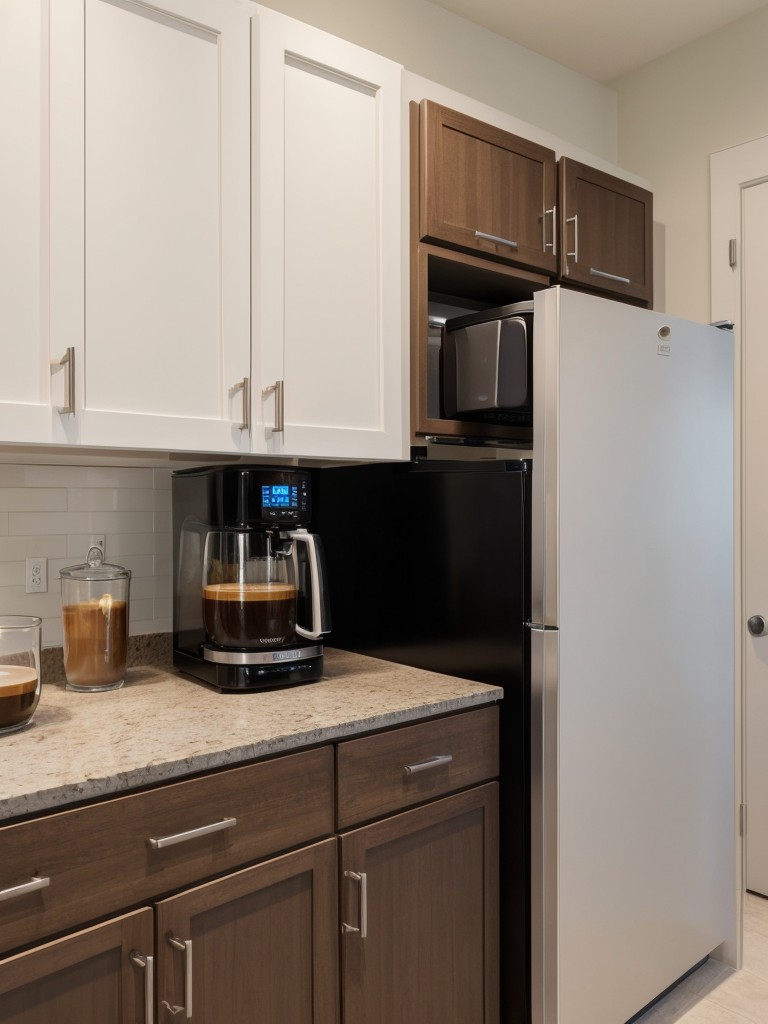 Add a coffee station with a mini-fridge and a built-in coffee maker for a quick caffeine fix.
