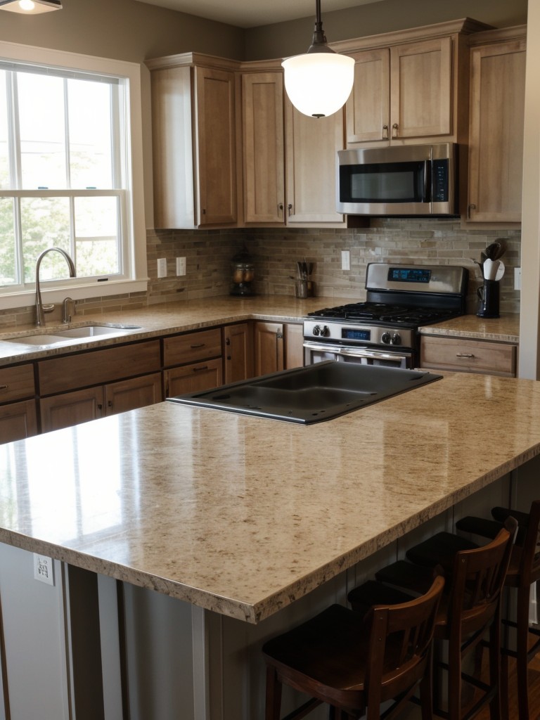 Consider adding a raised countertop or breakfast bar for additional seating and storage.