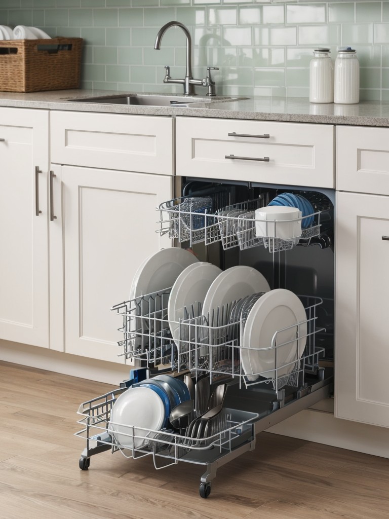 Consider a compact dishwasher or a dish drying rack with built-in storage to save on counter space.