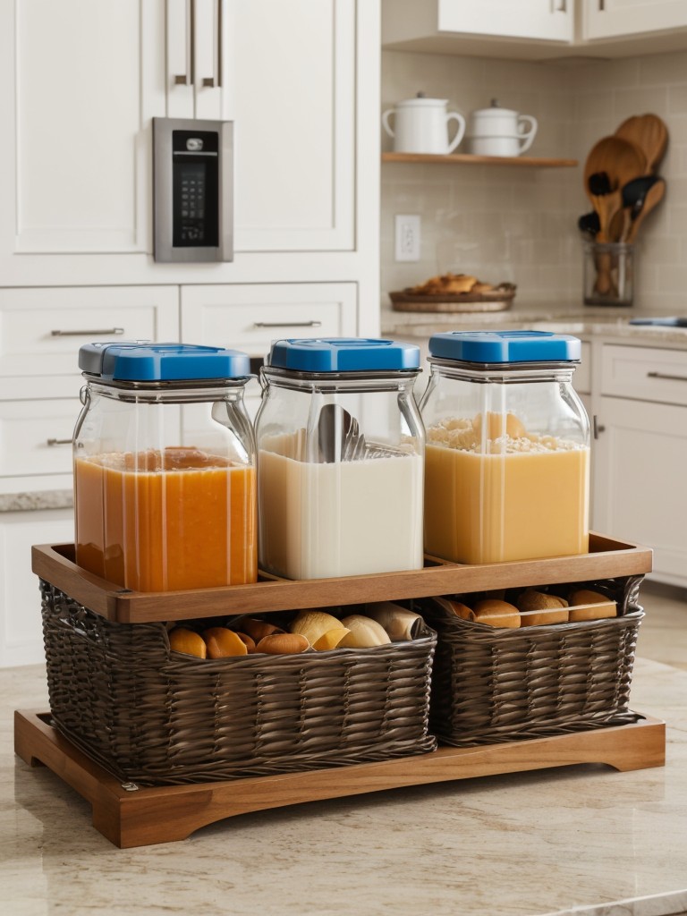 Create a dedicated breakfast station with labeled canisters and baskets for easy access to ingredients and utensils.