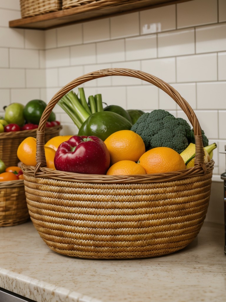 Use woven baskets or wire racks to store fresh fruits and vegetables on the kitchen counter.