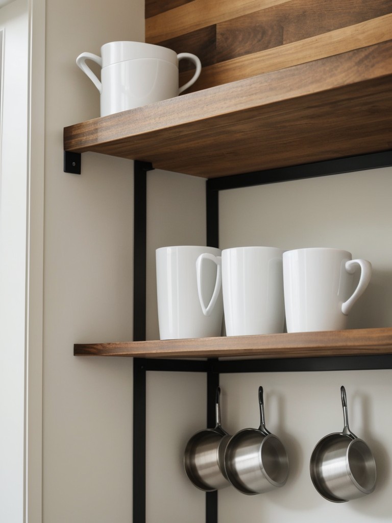 Utilize vertical space by installing wall-mounted hooks or racks for storing mugs, pots, and pans.