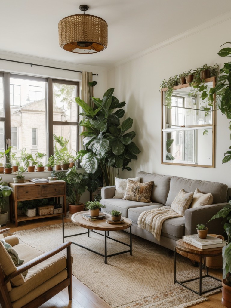 Bohemian apartment living room ideas with textured carpeting, mismatched furniture, and an abundance of plants to create a laid-back, natural atmosphere.
