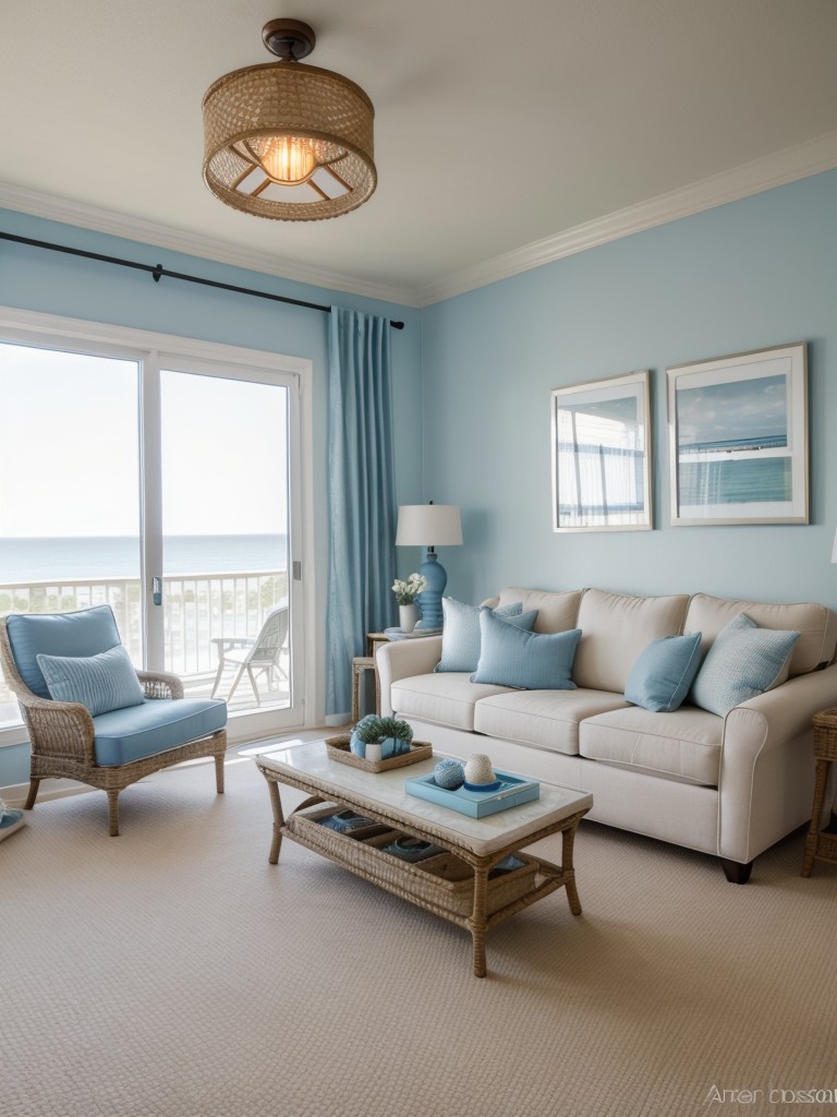 Coastal-themed apartment living room ideas with light blue or sandy-colored carpeting, beachy furniture, and nautical accents to bring the seaside indoors.