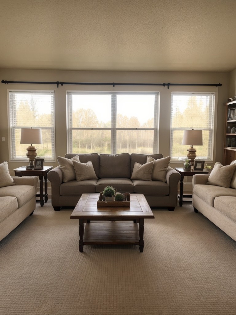 Cozy and inviting living room ideas with plush carpeting, comfortable seating arrangement, and layered lighting for a relaxing ambiance.