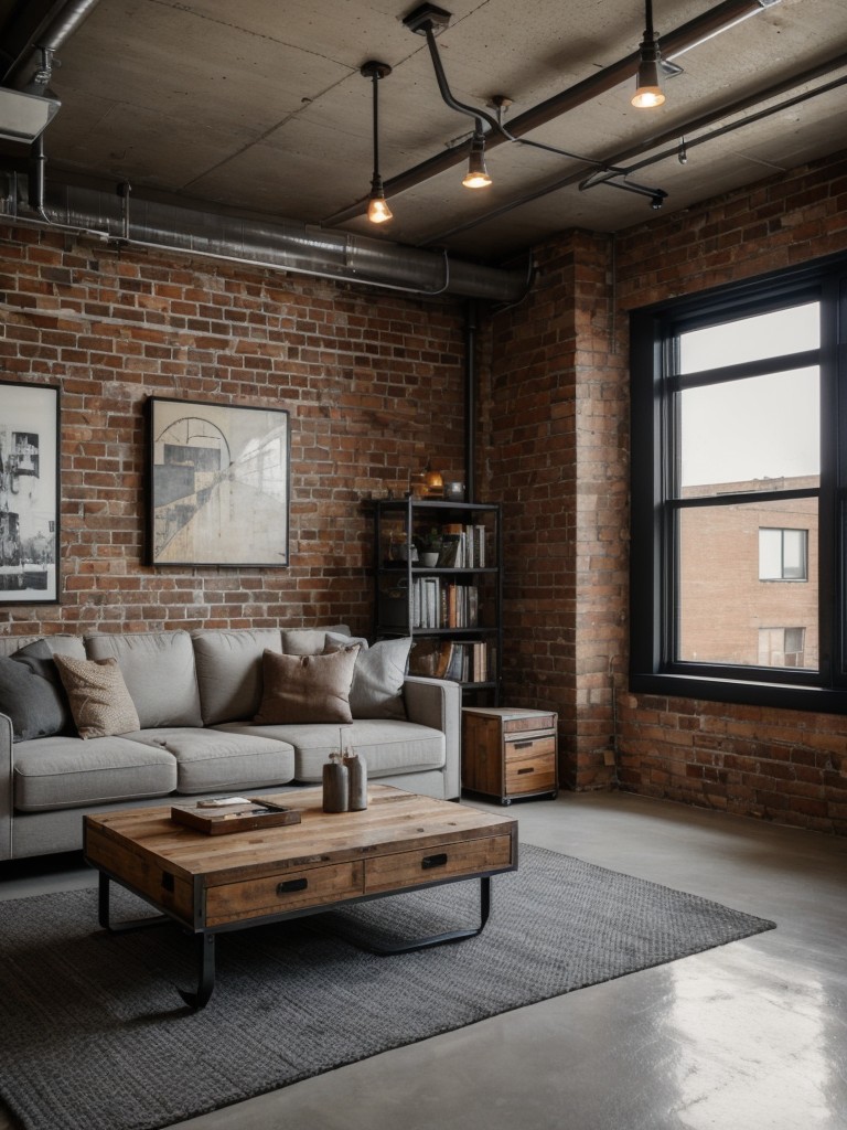 Industrial apartment living room ideas with exposed brick walls, concrete flooring, and a mix of vintage and contemporary furniture for an edgy and urban feel.