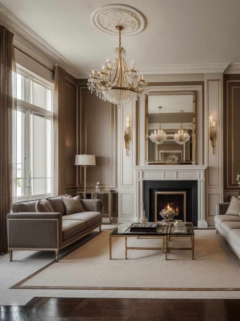 Luxurious apartment living room ideas with high-quality carpeting, elegant furniture pieces, and refined accents like chandeliers or artwork.