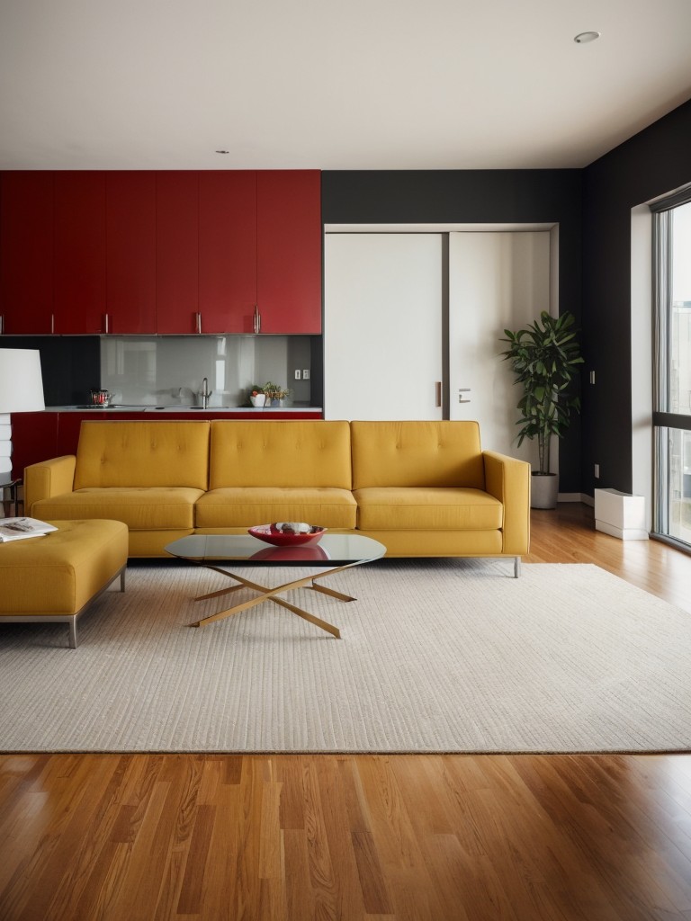 Modern apartment living room ideas with sleek carpeting, minimalistic furniture, and bold pops of color for a contemporary look and feel.