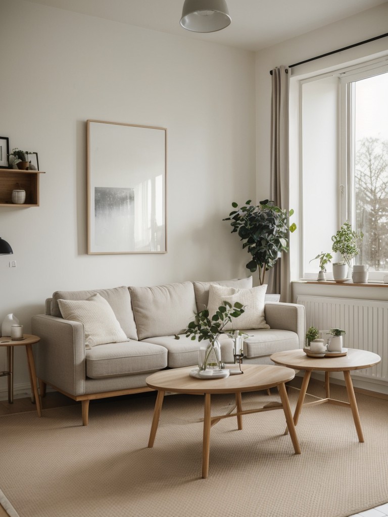 Scandinavian apartment living room ideas with neutral-colored carpeting, clean-lined furniture, and natural wood accents for a minimalist and cozy vibe.