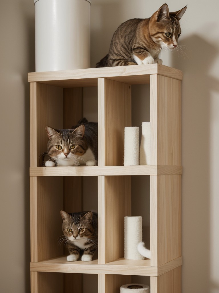 Clever cat-friendly furniture and accessories for small apartments, like wall-mounted shelves, cat perches, and compact scratching posts.