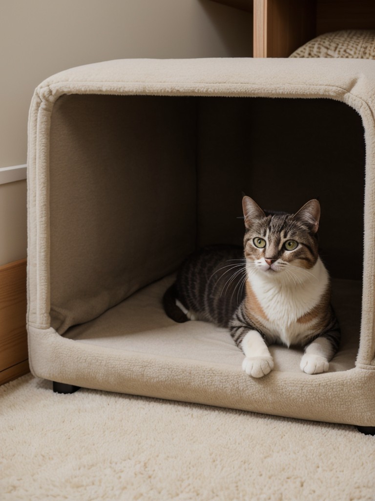 Creating designated cat zones with cozy beds, hiding spots, and scratching surfaces to keep your feline friend happy in limited space.