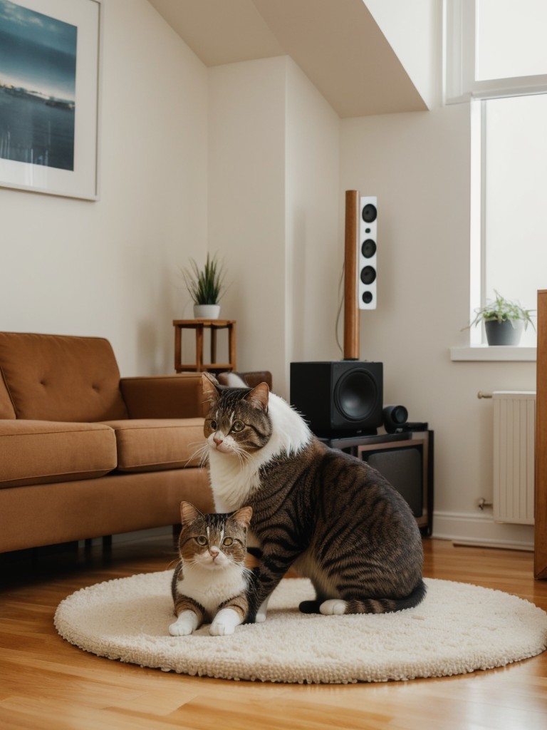 Incorporating calming features like a cat-friendly diffuser or music specifically designed for cats to create a peaceful environment in a small apartment.