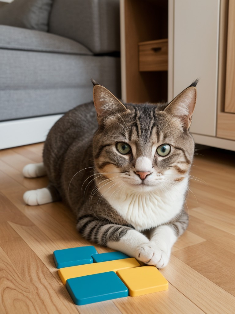 Incorporating interactive toys and puzzles to stimulate your cat's mind and prevent boredom in a small living space.