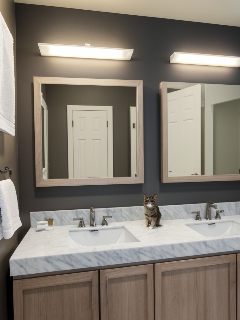 Integrating a grooming station with a cat-friendly vanity or counter where you can easily groom your pet and store grooming supplies.