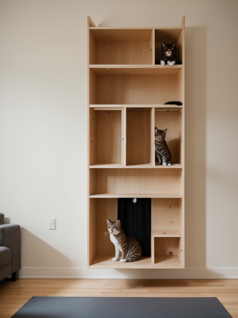 Maximizing vertical space with cat trees and wall climbers to provide exercise and entertainment in a small apartment.