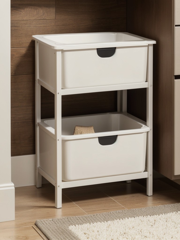 Functional litter box storage solutions, like incorporating it into an entryway bench or cabinet, to keep litter supplies organized and conveniently accessible in your small apartment.