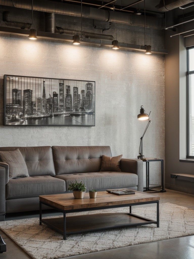 Add visual interest in a city apartment living room by incorporating textured accent walls, statement artwork, and industrial-inspired lighting fixtures.