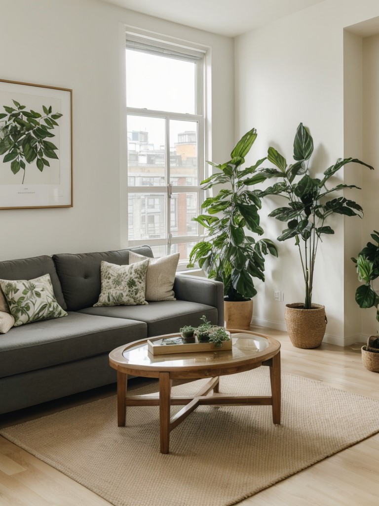Bring a touch of nature into a city apartment living room with indoor plants, botanical prints, and organic materials, creating a calming and fresh ambiance.