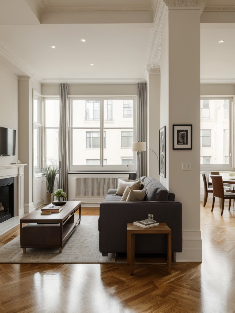 Create a cohesive design in a city apartment living room by aligning the furniture layout with the existing architectural elements, such as columns or alcoves.