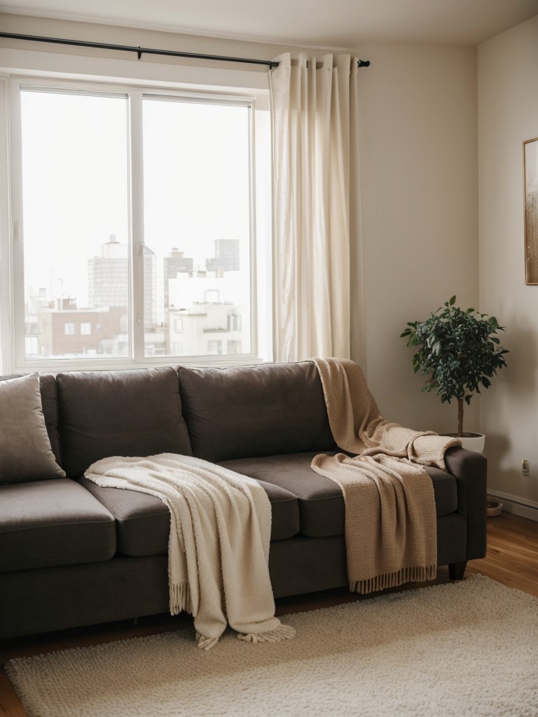 Create an inviting and cozy atmosphere in a city apartment living room with plush oversized sofas, soft throws, and warm ambient lighting.