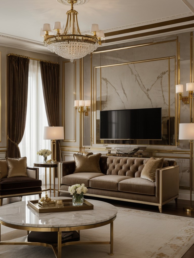 Create a luxurious feel in a city apartment living room by using rich materials such as velvet, marble, and brass, complemented by elegant lighting fixtures and soft textiles.