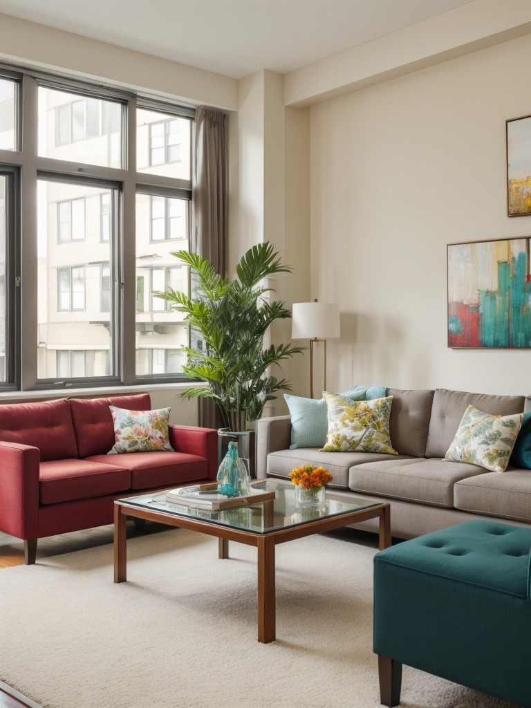 Create an urban oasis in a city apartment living room with vibrant pops of color, botanical elements, and comfortable seating arrangements for entertaining guests.