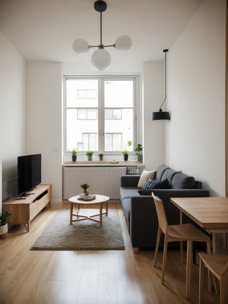 Design a small city apartment living room with an open-concept layout, integrating the kitchen and dining area for seamless entertainment and socializing.
