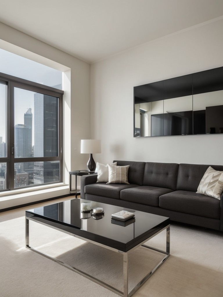 Embrace a contemporary design in a city apartment living room by combining clean lines, metallic accents, and high-gloss surfaces for a sleek and sophisticated look.