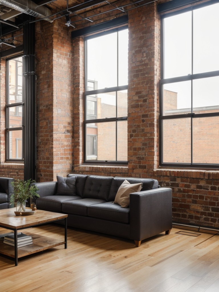 Make a city apartment living room stand out by integrating unique architectural features, such as exposed brick walls, original hardwood flooring, or large industrial windows.
