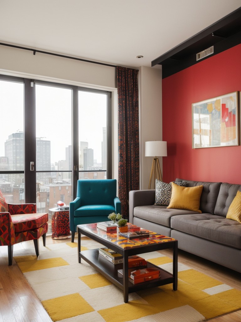 Make a statement in a city apartment living room by incorporating bold patterns, vibrant accent colors, and eclectic furniture pieces for a lively and dynamic space.