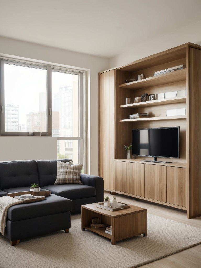 Maximize functionality in a city apartment living room by incorporating multi-purpose furniture such as convertible sofas, storage ottomans, and sleek wall-mounted shelves.